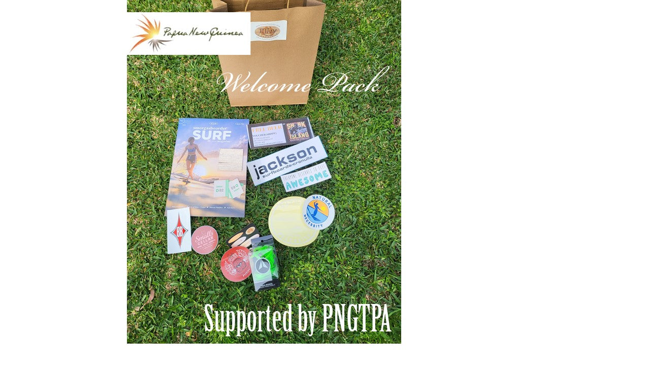 The Evolution of Wooden Surfboards event - Welcome Pack, Raffle, Shirts, booklet, hats,