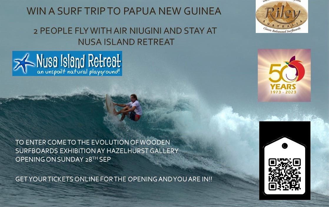 The Evolution of Wooden Surfboards event - Welcome Pack, Raffle, Shirts, booklet, hats,