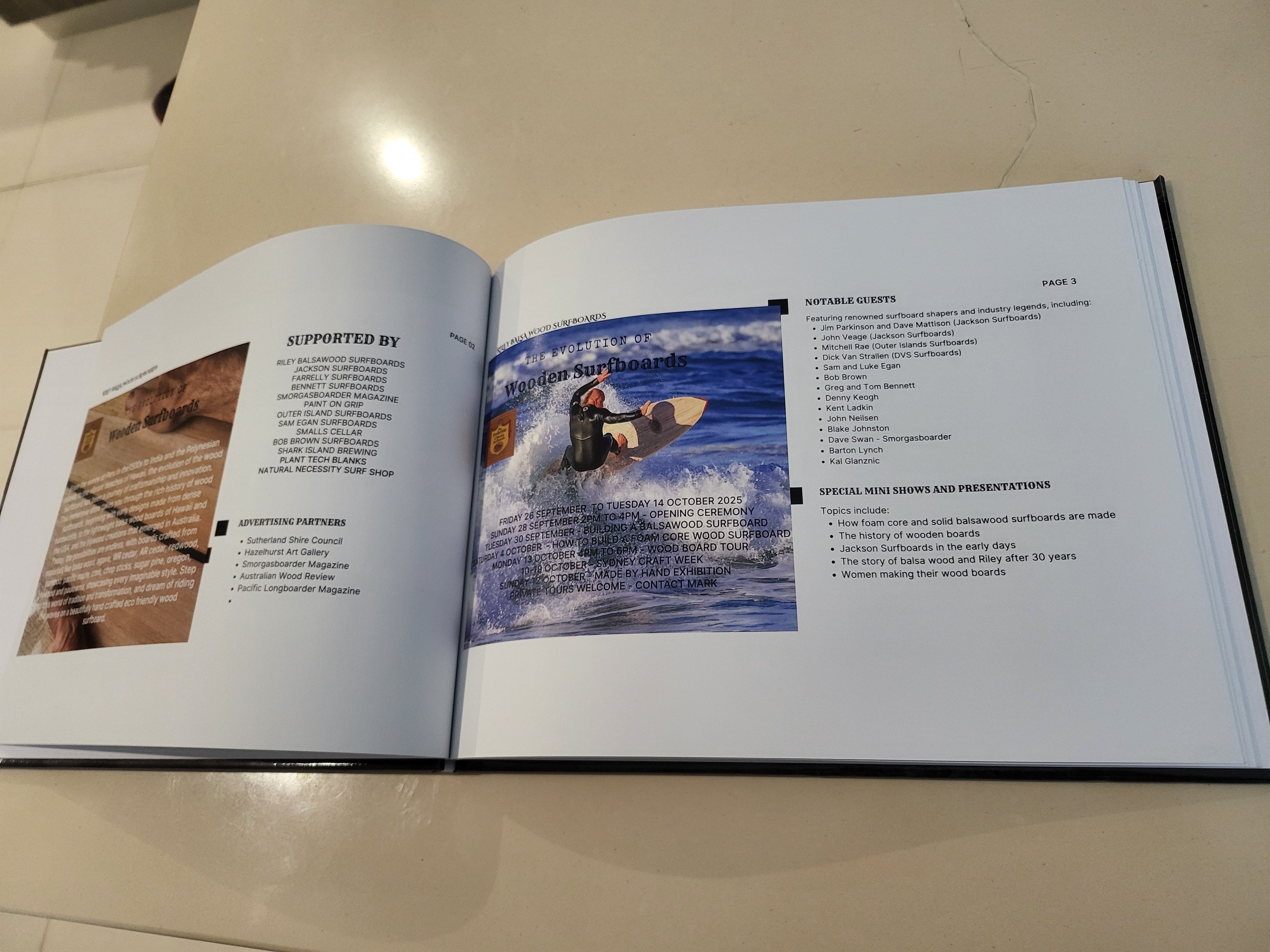 The Evolution of Wooden Surfboards event - Welcome Pack, Raffle, Shirts, booklet, hats,